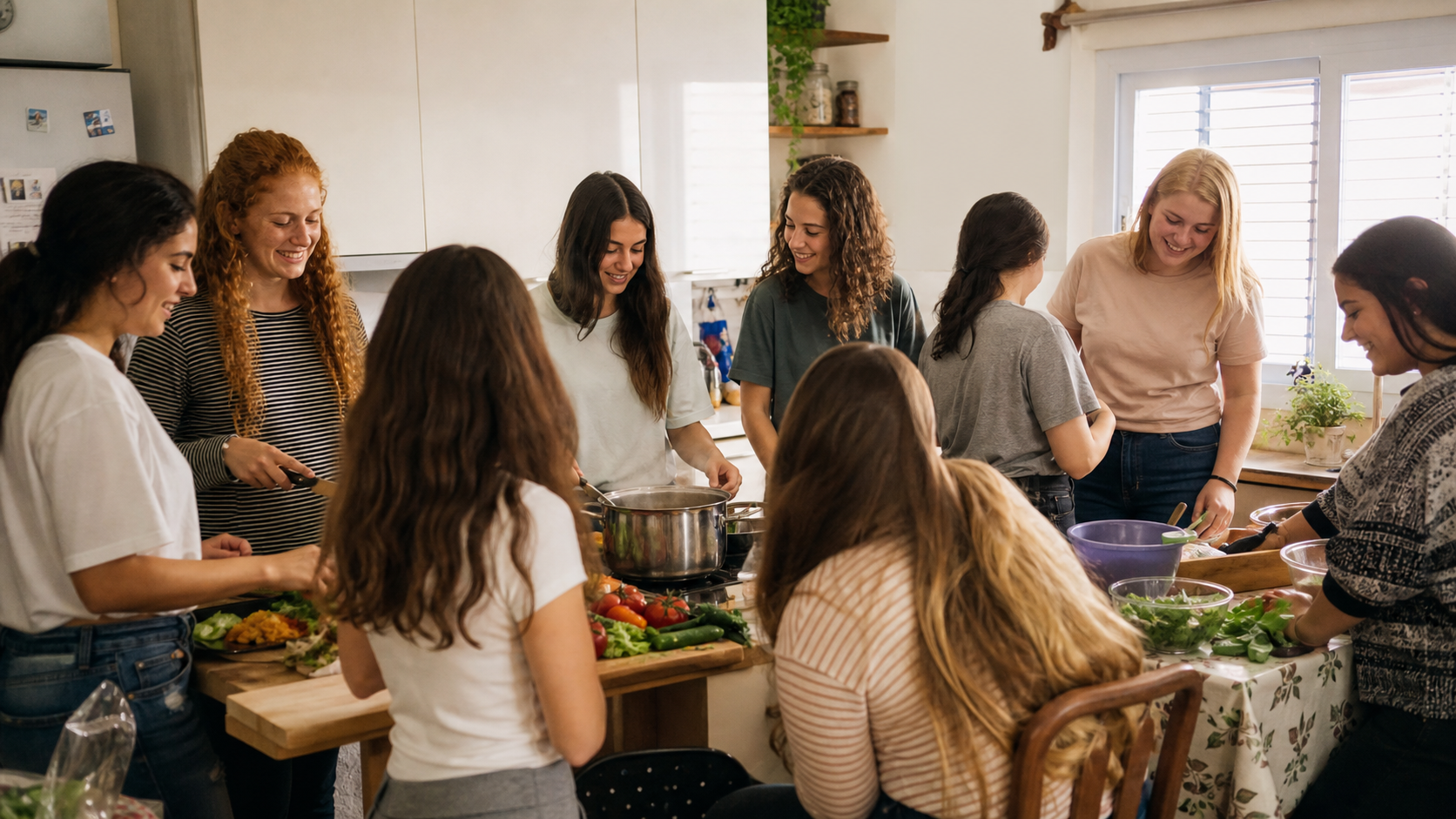 בנות מכינות אוכל יחד במטבח
